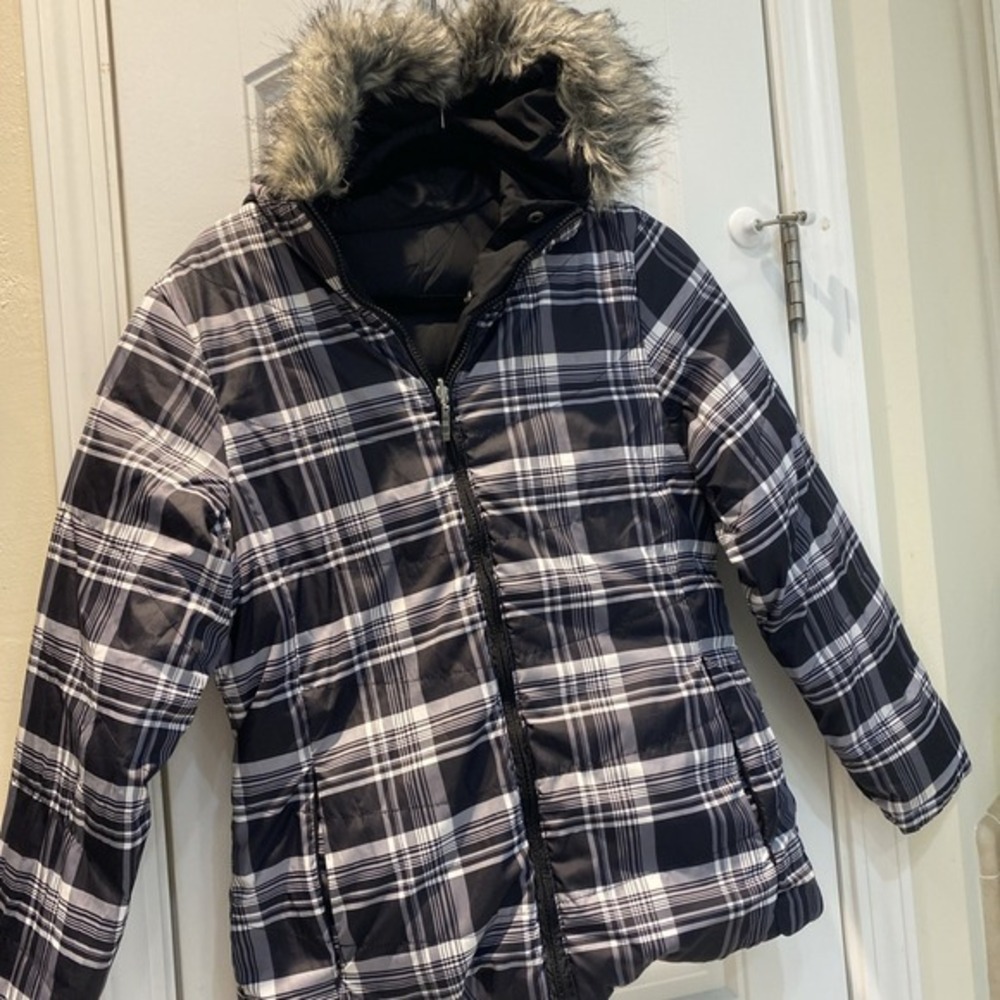 Free Country Black Plaid Womans M Down Blend Puffer Ski Jacket Faux Fur Hood 215
